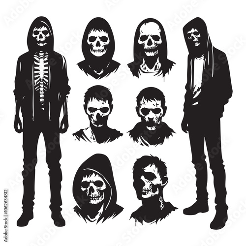 Silhouette set of zombie on white background