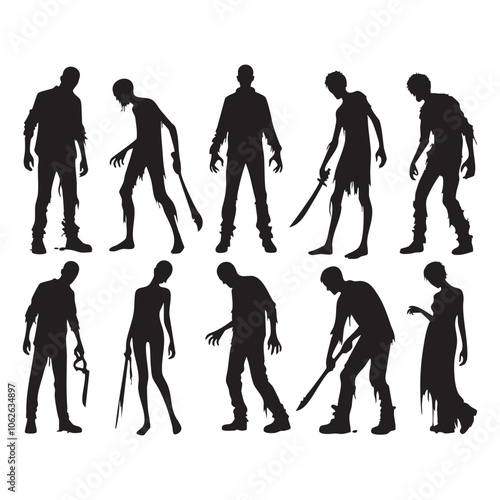 Silhouette set of zombie on white background
