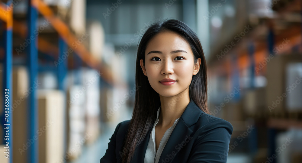 Confident Businesswoman in Warehouse Setting: Leadership and Professionalism Confident Businesswoman in Warehouse Setting: Leadership and Professionalism