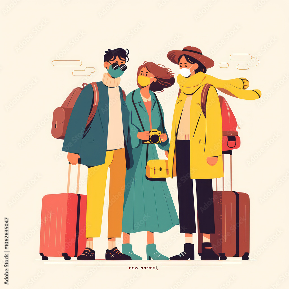 Illustration of Three People Wearing Face Masks and Traveling with Luggage Illustration of Three People Wearing Face Masks and Traveling with Luggage