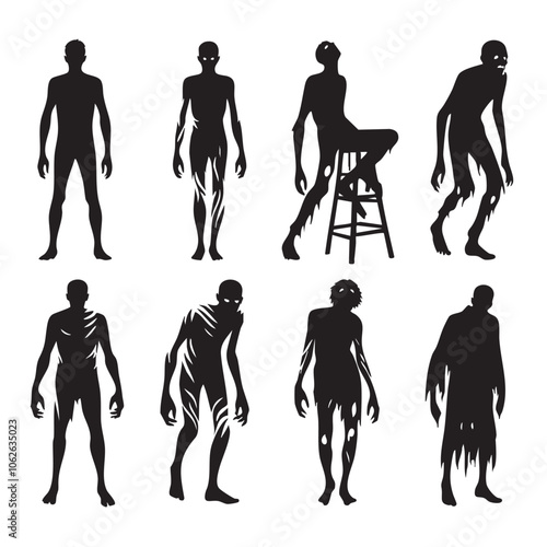 Silhouette set of zombie on white background