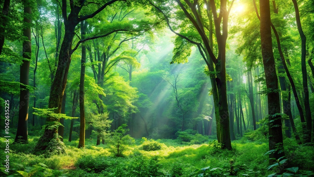 Naklejka premium A lush forest with a green background, surrounded by tall trees and vibrant foliage, forest, forest floor, nature, greenery, foliage