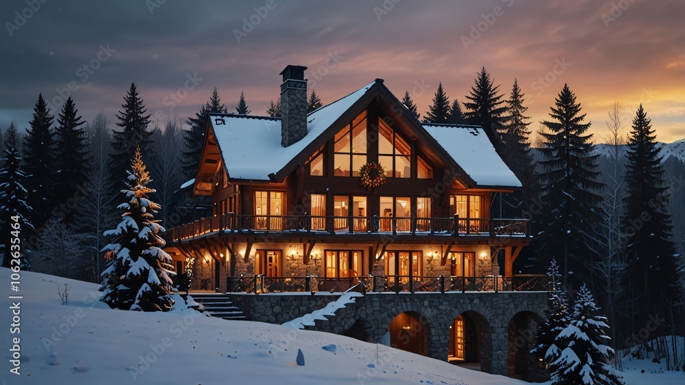 Cozy Cabin in Snowy Winter Wonderland with Christmas Lights Cozy Cabin in Snowy Winter Wonderland with Christmas Lights