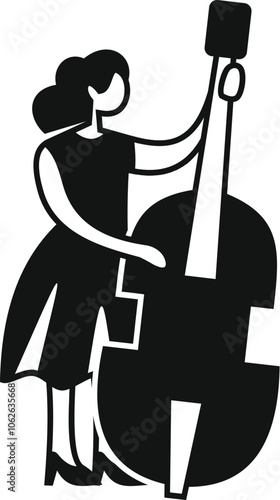 Woman musician playing contrabass, simple black and white illustration of a female bassist