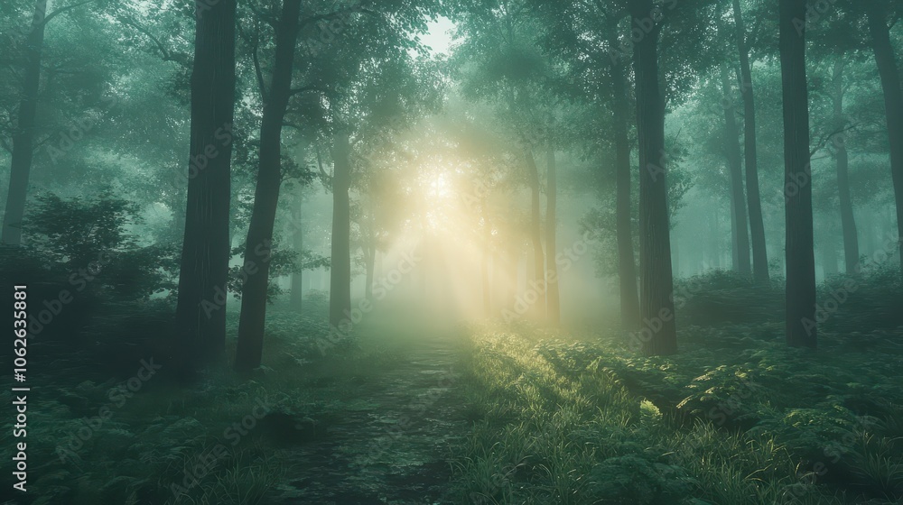 Serene Forest Morning with Misty Light Through Trees Serene Forest Morning with Misty Light Through Trees