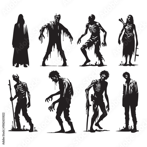 Silhouette set of zombie on white background