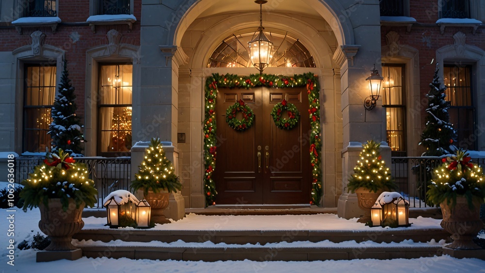 Festive Christmas Entrance with Snow Covered Steps and Lanterns Festive Christmas Entrance with Snow Covered Steps and Lanterns