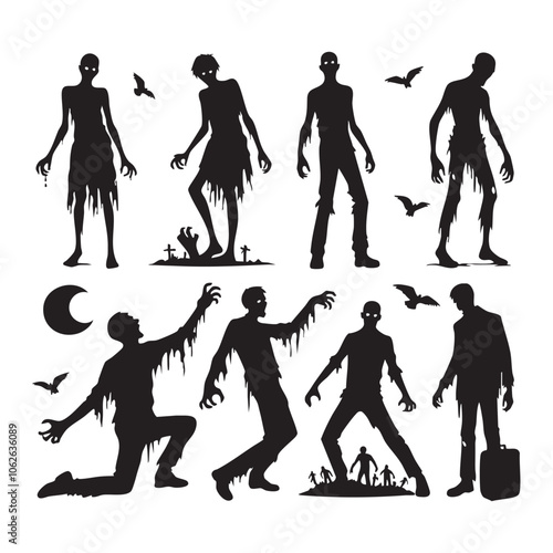 Silhouette set of zombie on white background