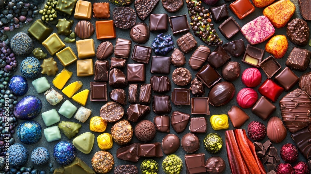 A colorful array of gourmet chocolates arranged in an artistic way A colorful array of gourmet chocolates arranged in an artistic way