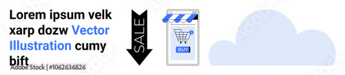 Black downward arrow with SALE, smartphone with shopping cart and blue-striped store awning, adjacent to large blue cloud. Ideal for e-commerce, marketing, retail promotions, online shopping, sales