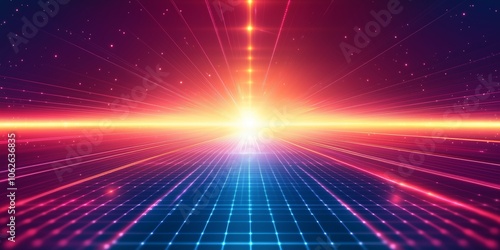 Retro 80s-Style Neon Grid Horizon with Bright Sunset Glow, Radiating Light Beams and Futuristic Sci-Fi Aesthetic, Perfect for Synthwave and Vaporwave Design Themes