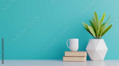 Modern workspace decoration with plant, books, and mug on a turquoise background.