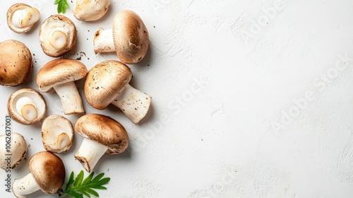 White background with various champignon mushrooms isolated