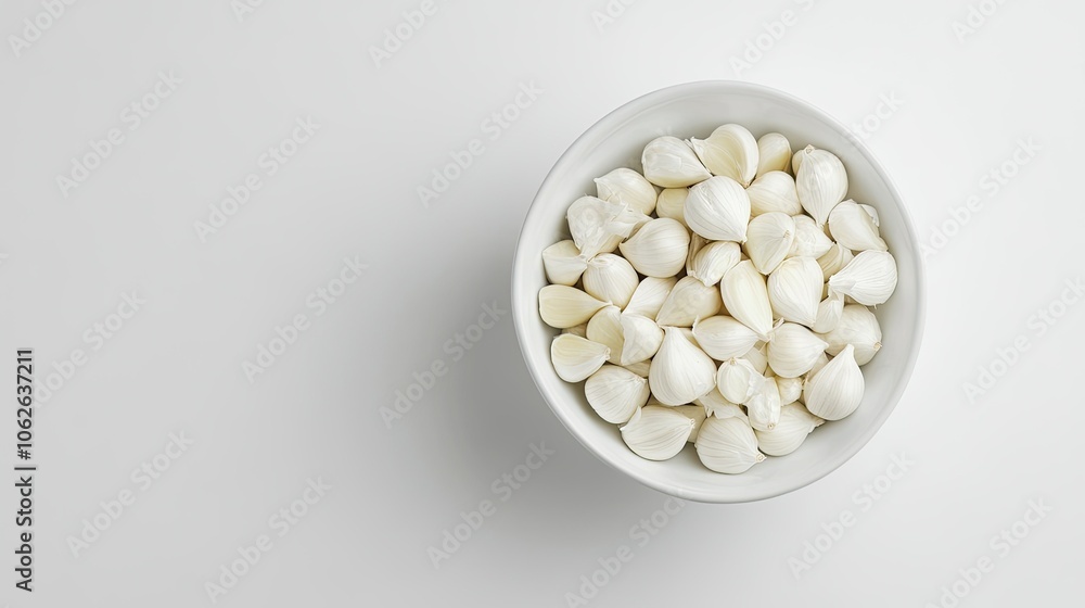 White bowl of garlic cloves, top view, isolated, clean white White bowl of garlic cloves, top view, isolated, clean white