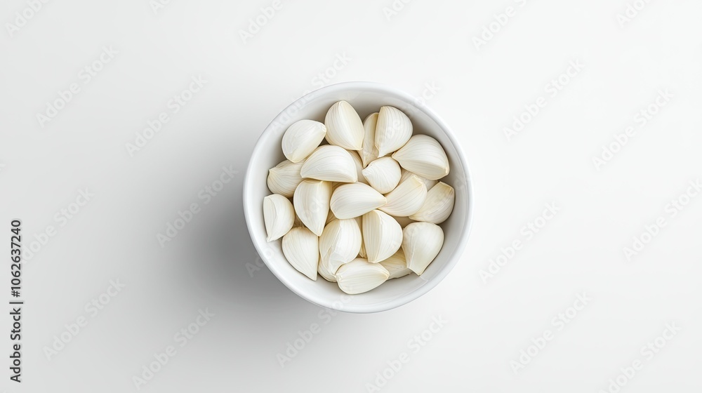 White bowl of garlic cloves, top view, isolated, clean white White bowl of garlic cloves, top view, isolated, clean white