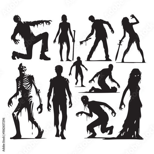 Silhouette set of zombie on white background