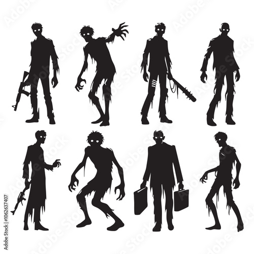 Silhouette set of zombie on white background