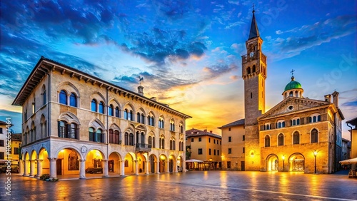 Beautiful evening view of Pordenone town hall and Saint Mark bell tower , Pordenone, Italy, town hall