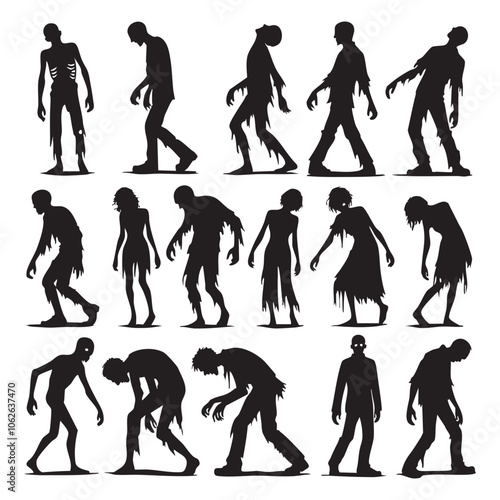 Silhouette set of zombie on white background