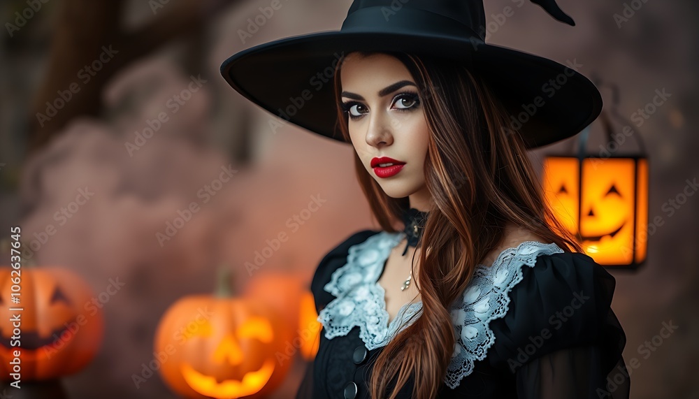 A Witch's Allure Amidst Glowing Lanterns and Mystical Smoke A Witch's Allure Amidst Glowing Lanterns and Mystical Smoke