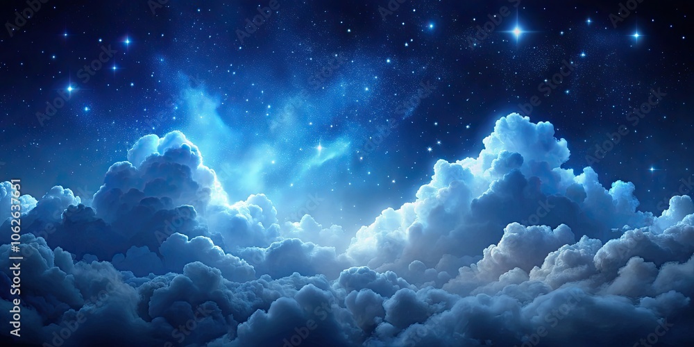 Fluffy volumetric clouds at night against a dark blue sky with stars, clouds, night, sky, stars, atmospheric, tranquil Fluffy volumetric clouds at night against a dark blue sky with stars, clouds, night, sky, stars, atmospheric, tranquil