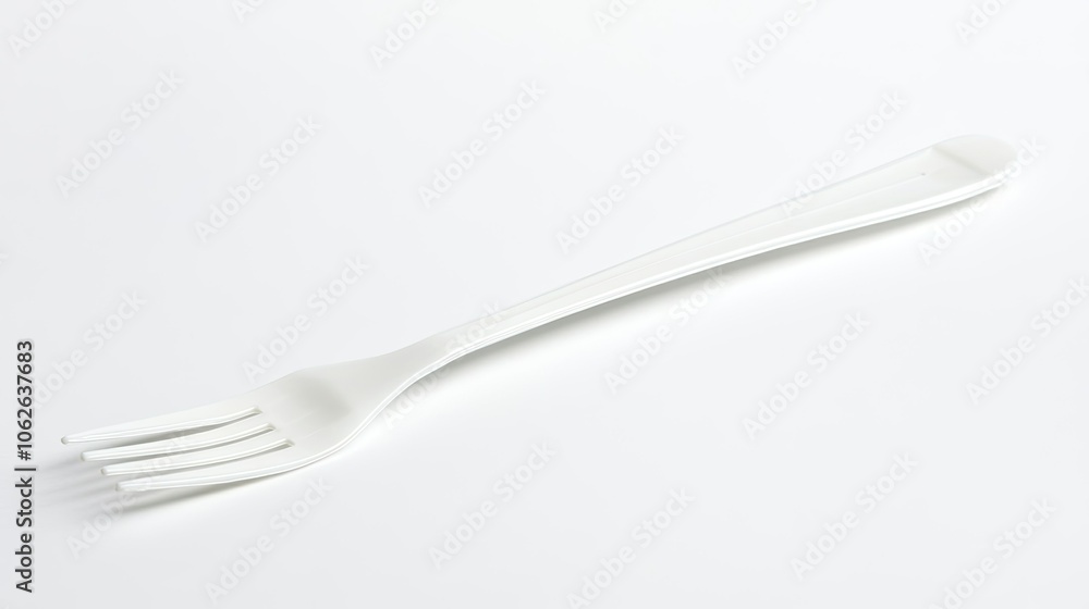 White plastic fork against a plain white background, offering a minimalist and straightforward design for stock imagery. White plastic fork against a plain white background, offering a minimalist and straightforward design for stock imagery.