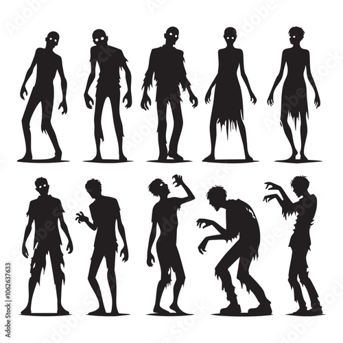 Silhouette set of zombie on white background