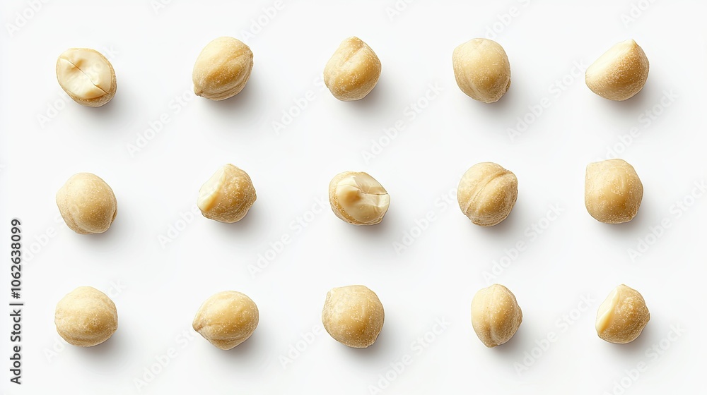 Whole and cracked macadamia nuts in different views, on white. Whole and cracked macadamia nuts in different views, on white.