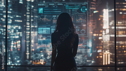 A person analyzing data from a futuristic interface with a city skyline at night in the background