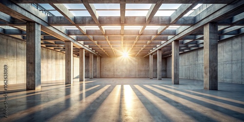 Abstract concrete room with center ceiling beam, sunlight, and rough industrial floor , concrete, empty, modern, room