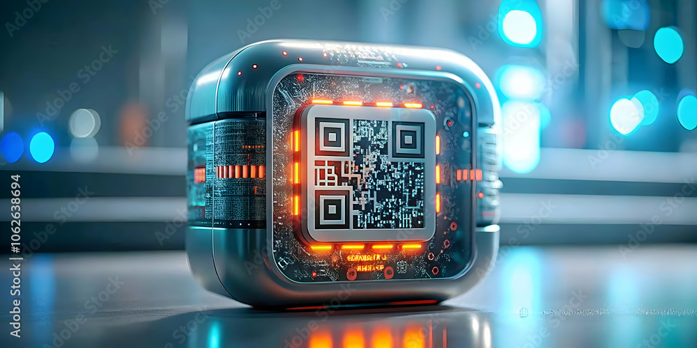 Obraz premium Macro Image of Digital Marketing QR Code Close Up Integrated into Futuristic Device for Innovative Marketing Techniques - Space for Text or Branding in Photo Stock Concept