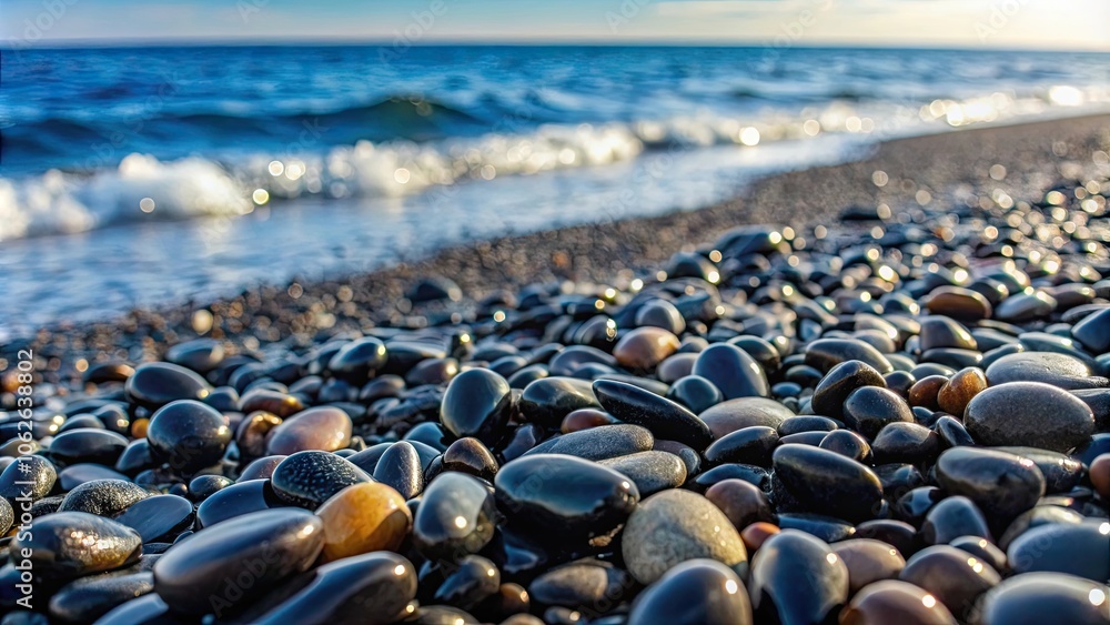 Obraz premium Black stones scattered on a pebble beach , serene, tranquil, nature, background, texture, shore, seaside, ocean, rocks