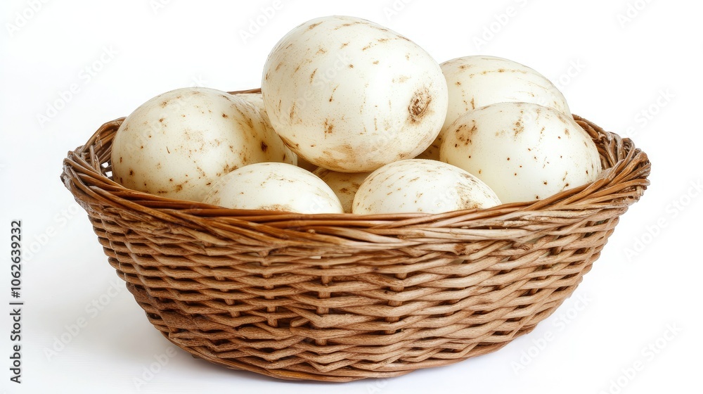Wicker basket of jicama, clean white background, isolated Wicker basket of jicama, clean white background, isolated