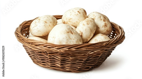 Wicker basket of jicama, isolated on a white background