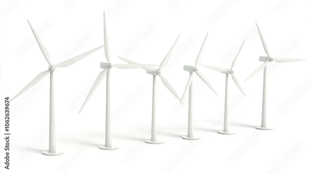 Wind turbines standing on a plain white background, perfect for stock photos focused on green energy and environmental themes. Wind turbines standing on a plain white background, perfect for stock photos focused on green energy and environmental themes.
