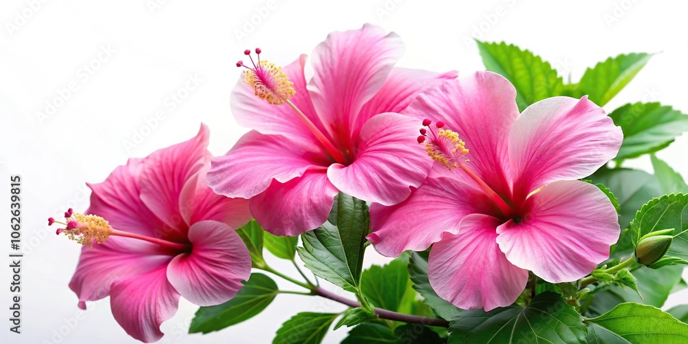 Obraz premium Wide-angle pink hibiscus flowers with green leaves on a white background