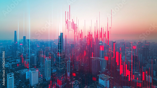 City skyline at sunrise with digital data visualization overlay in vibrant red hues