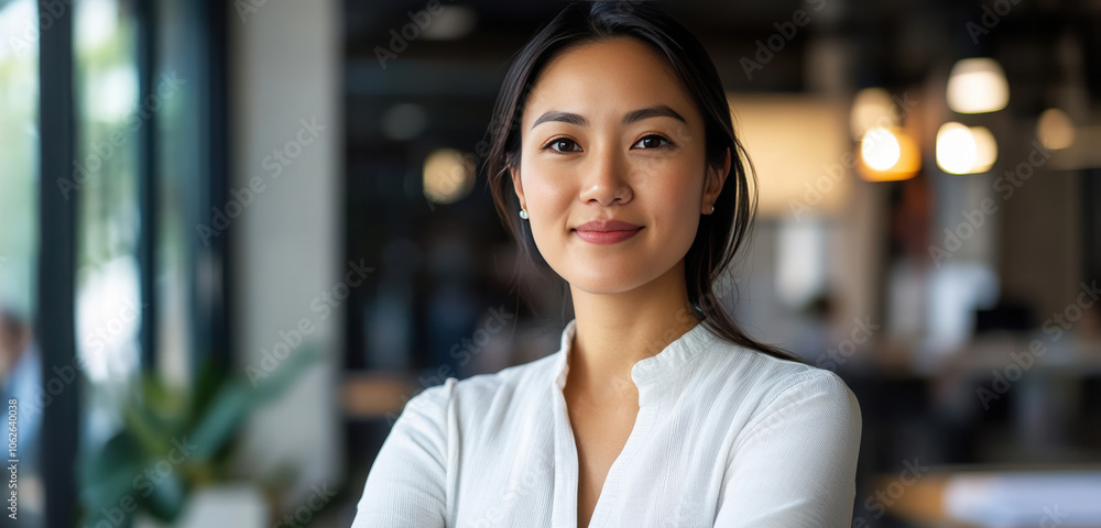 Confident Businesswoman in Modern Office Setting with Natural Light Confident Businesswoman in Modern Office Setting with Natural Light