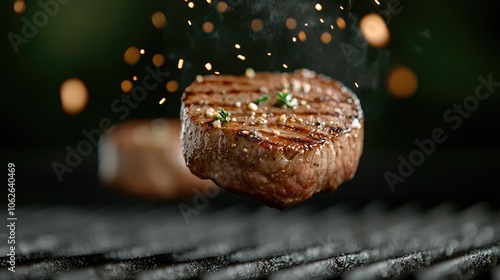 Grilling perfection: steaks and meat hover above the grill as sparks fly through air, fiery excitement and dynamic energy of an outdoor barbecue with sizzling cuts, smoky aromas. photo