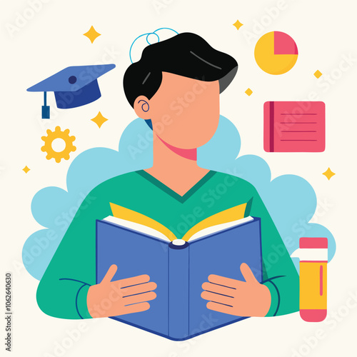 A boy holding book and reading flat illustration