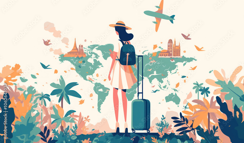 Obraz premium Illustration of a Woman with a Backpack and Suitcase Standing in Front of a World Map