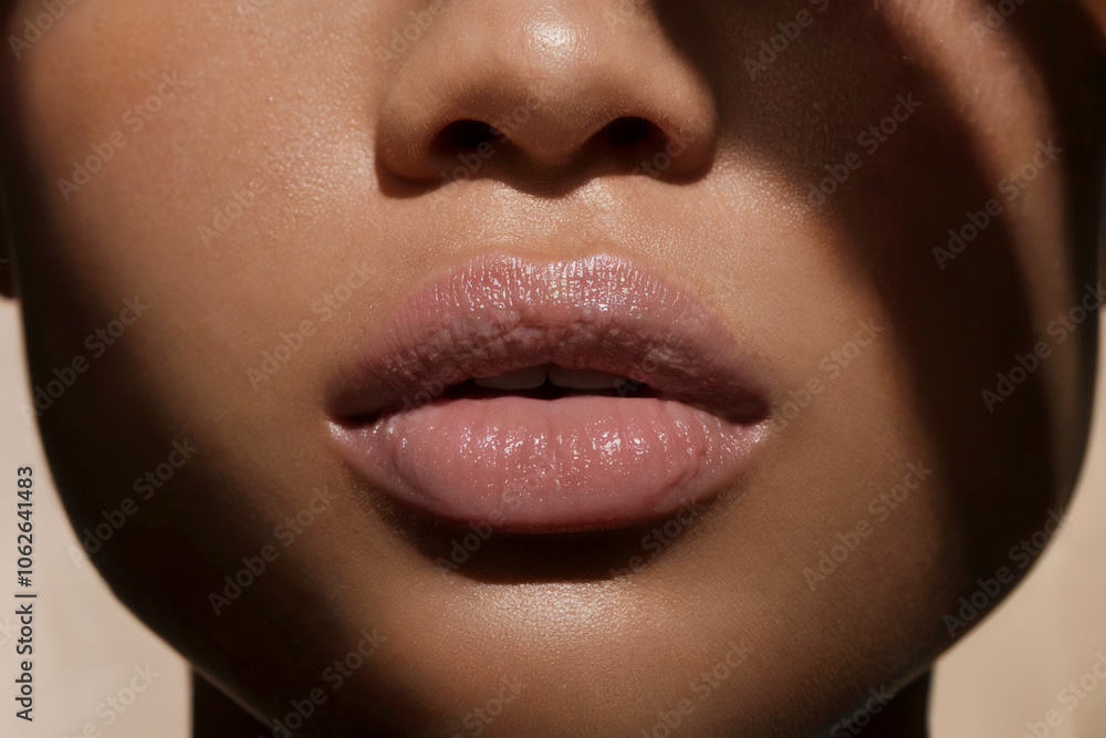 Obraz premium An extreme close-up shot of the well-hydrated lips: The focus is entirely on the lips, showcasing their natural shape and smooth texture. 