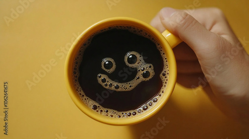 smile in a cup of coffee, smiley face coffee cup bubbles on yellow background