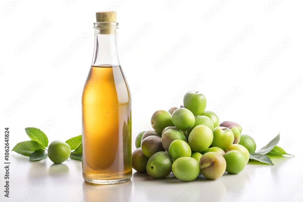 Wide-Angle Plum wine and unripe plums on a white background Wide-Angle Plum wine and unripe plums on a white background