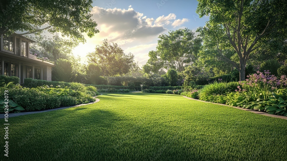 Fototapeta premium Beautiful house backyard with fresh green grass