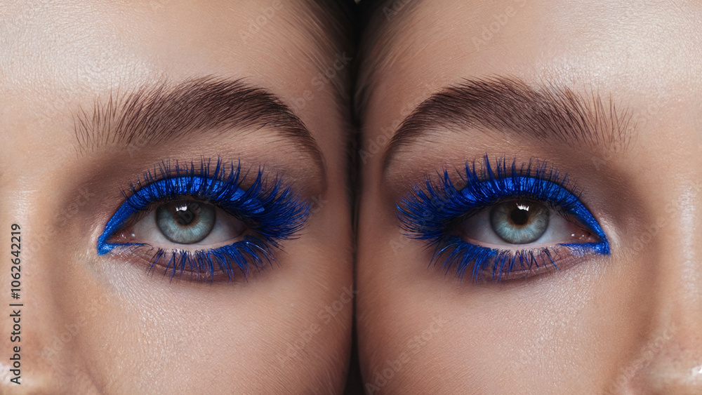 Naklejka premium Electric Blue Mascara, Bold Minimalism: A front-facing close-up of both eyes, where each lash is coated in vibrant electric blue mascara, standing out strikingly against natural, makeup-free skin