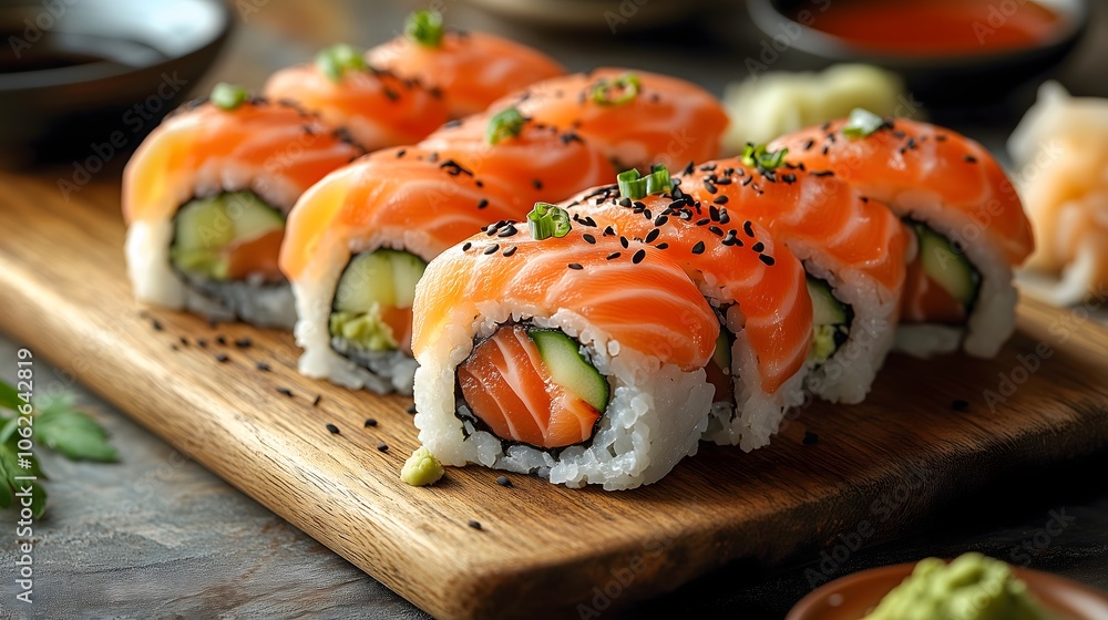 sushi rolls, served on a wooden board with wasabi, pickled ginger, and soy sauce, accompanied by chopsticks sushi rolls, served on a wooden board with wasabi, pickled ginger, and soy sauce, accompanied by chopsticks