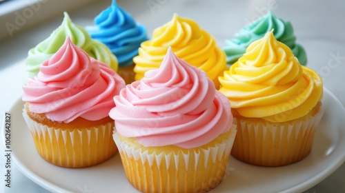 Several cupcakes with colorful frosting. Pink, yellow, blue, green, and more