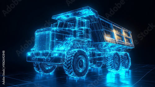 A holographic blueprint of a mining truck, highlighting its structure and mechanical details in glowing blue. Perfect for mining, construction, and industrial themes.