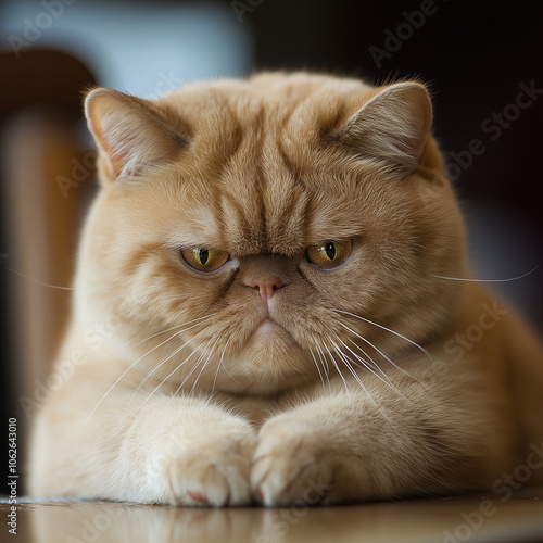 A close-up shot of a grumpy-looking Persian cat with an intense, humorous expression, ideal for memes or expressing emotions like frustration or discontent. disdain expression of cat.